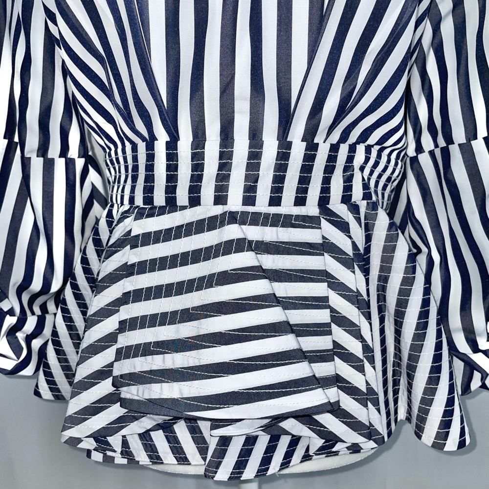 New Central Park West Balloon Sleeve Layered Peplum Striped Cotton Shirt - Picture 3 of 16
